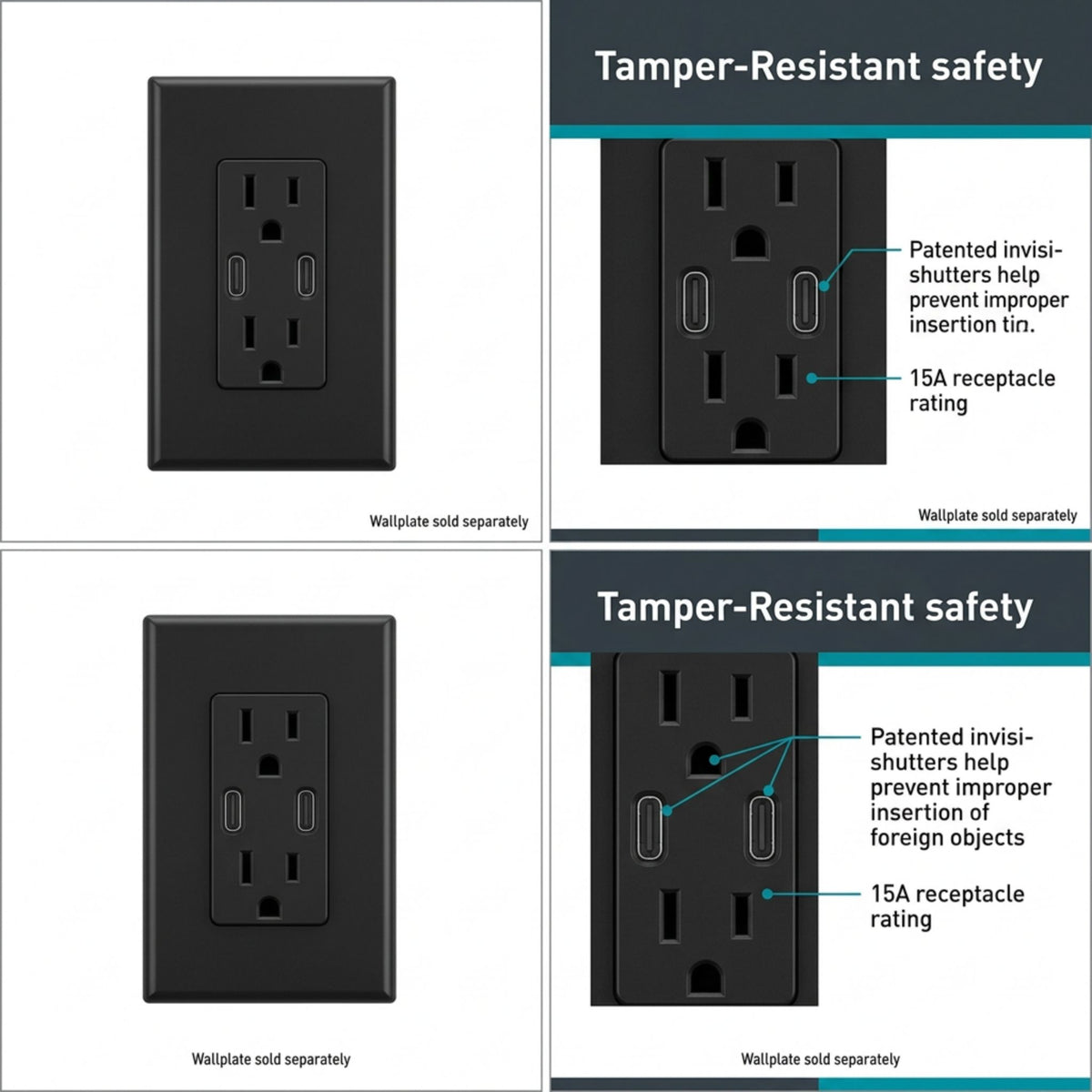 Legrand R26USBCC6BK radiant 15A Tamper-Resistant USB Type-C Duplex Receptacle, Black