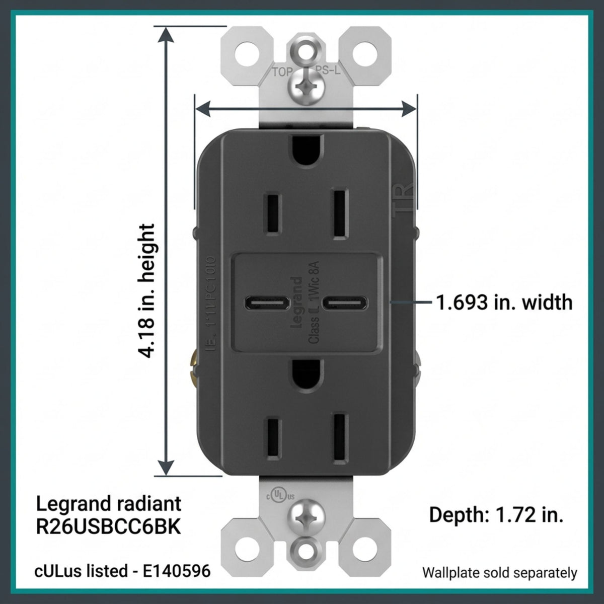 Legrand R26USBCC6BK radiant 15A Tamper-Resistant USB Type-C Duplex Receptacle, Black