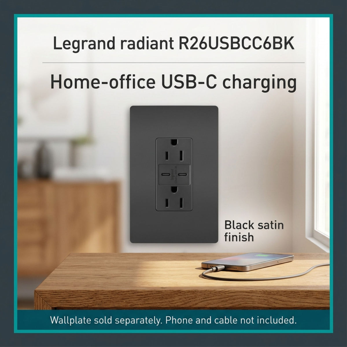 Legrand R26USBCC6BK radiant 15A Tamper-Resistant USB Type-C Duplex Receptacle, Black