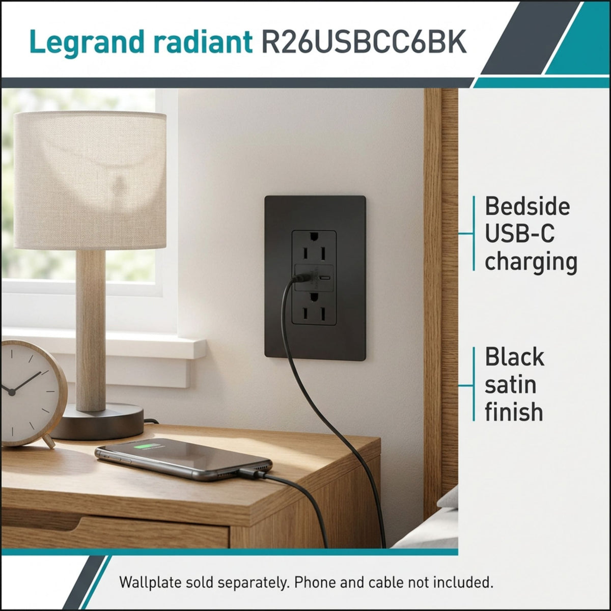 Legrand R26USBCC6BK radiant 15A Tamper-Resistant USB Type-C Duplex Receptacle, Black