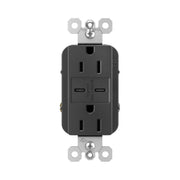 Black tamper-resistant duplex outlet with USB Type-C charging ports and two AC outlets