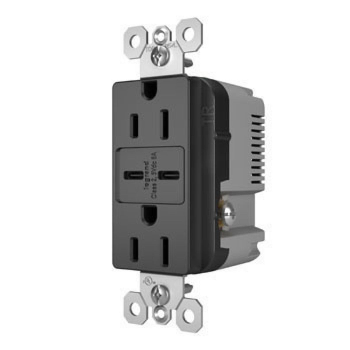 Side view of graphite tamper-resistant duplex receptacle with dual USB-C ports