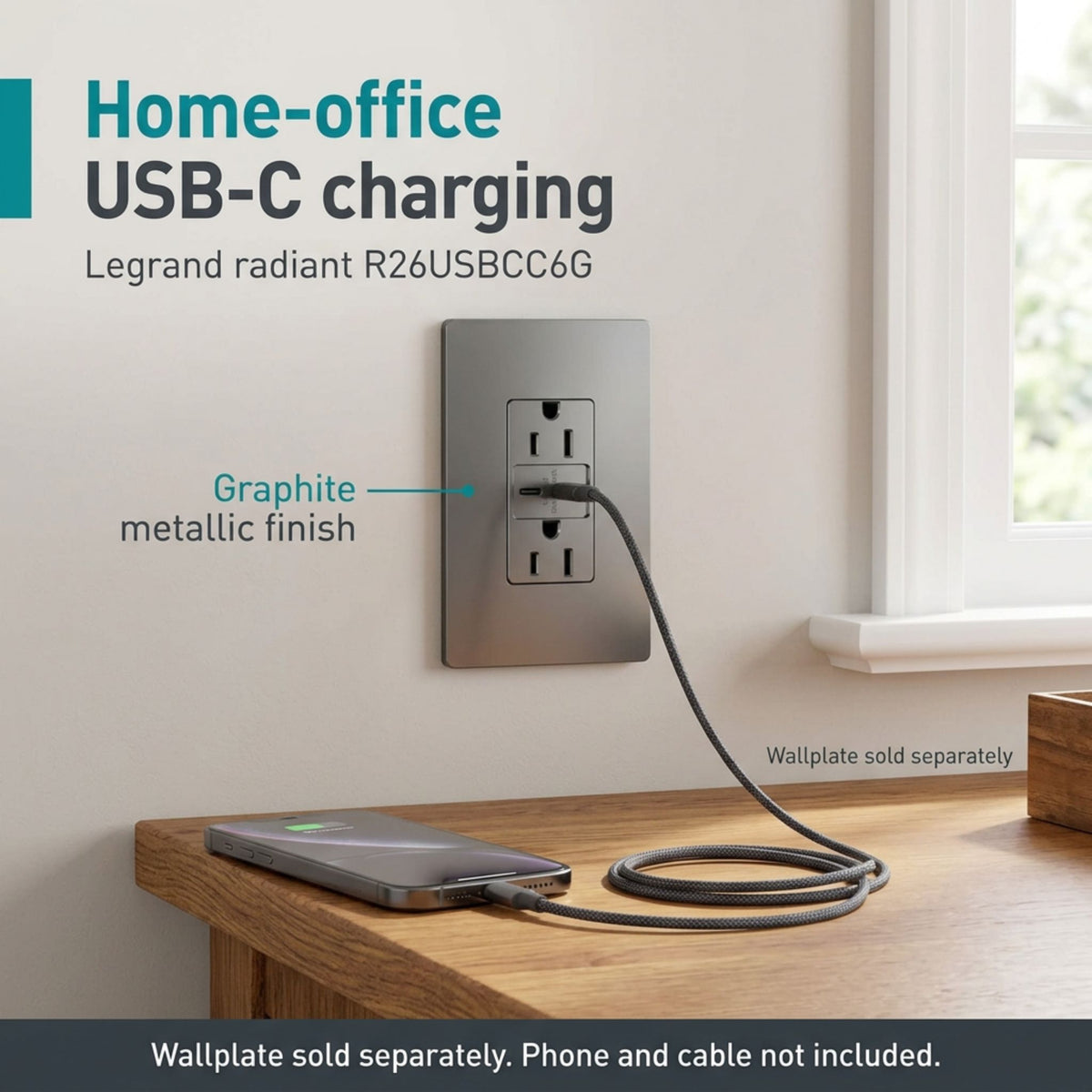 Graphite wall-mounted USB-C duplex receptacle with connected charging cable
