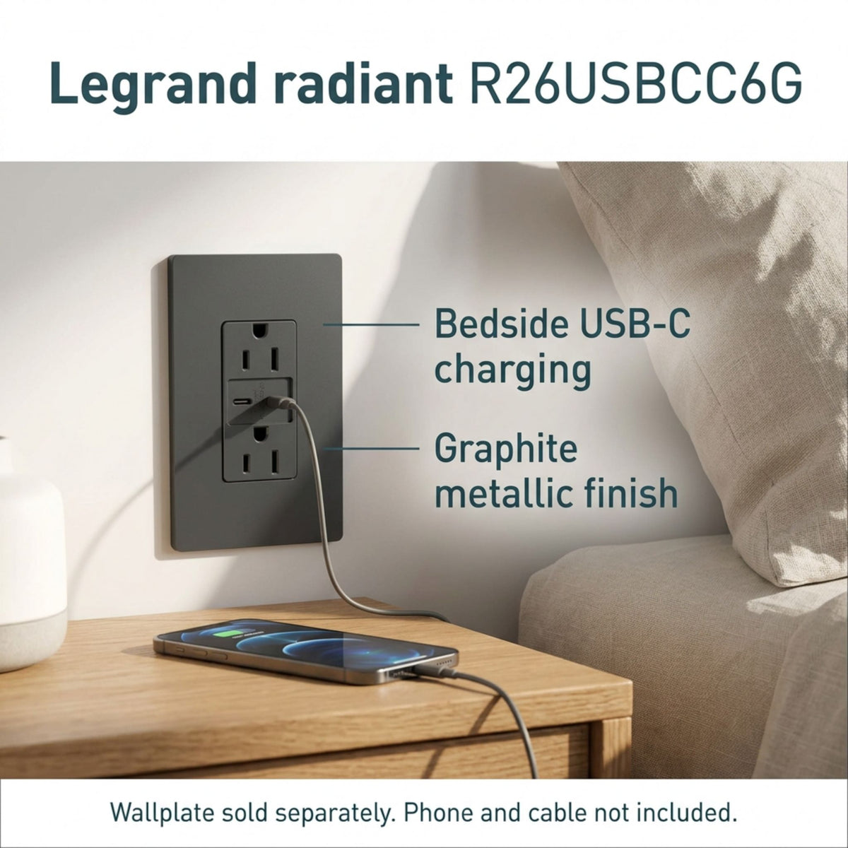 Graphite metallic duplex receptacle with tamper-resistant outlets and USB-C charging.