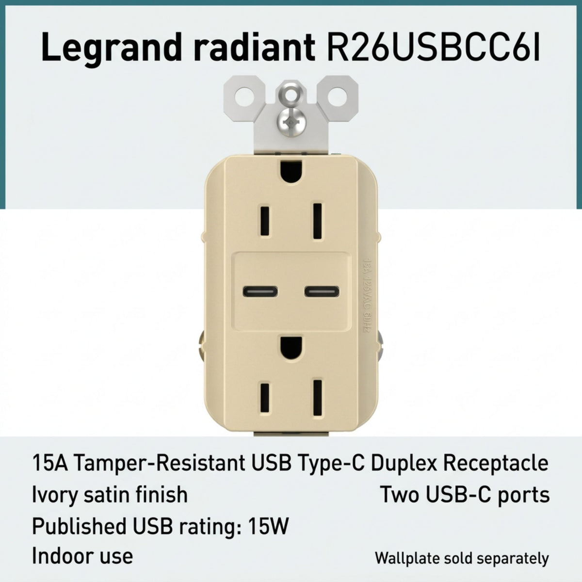 Legrand R26USBCC6I radiant 15A Tamper-Resistant USB Type-C Duplex Receptacle, Ivory