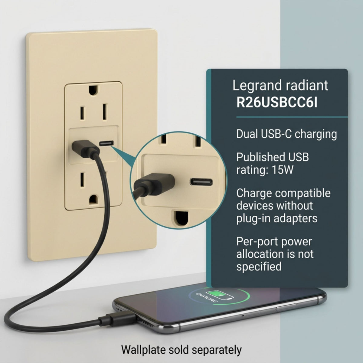 Legrand R26USBCC6I radiant 15A Tamper-Resistant USB Type-C Duplex Receptacle, Ivory