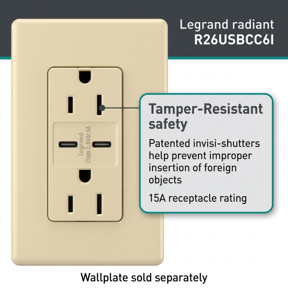 Legrand R26USBCC6I radiant 15A Tamper-Resistant USB Type-C Duplex Receptacle, Ivory