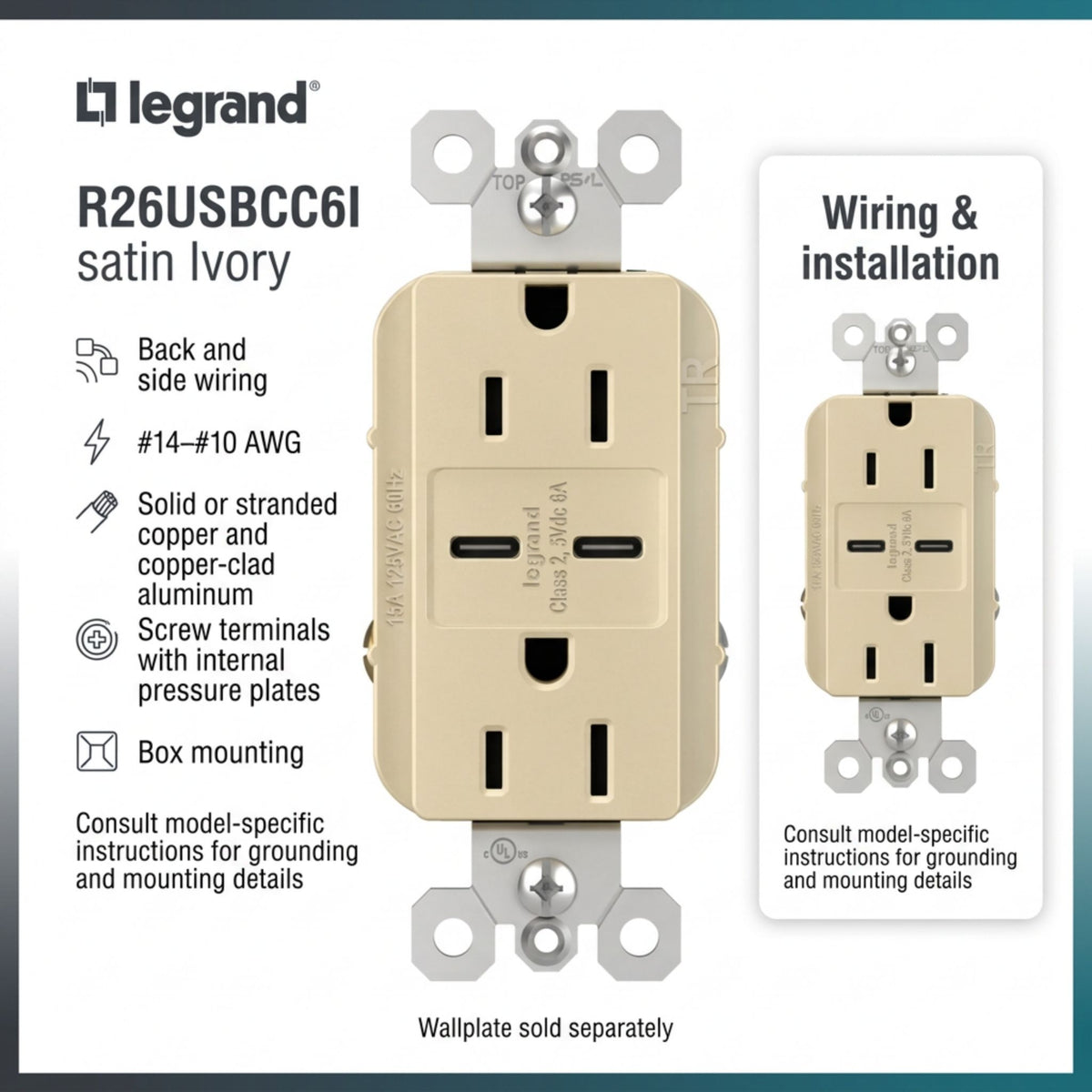 Legrand R26USBCC6I radiant 15A Tamper-Resistant USB Type-C Duplex Receptacle, Ivory