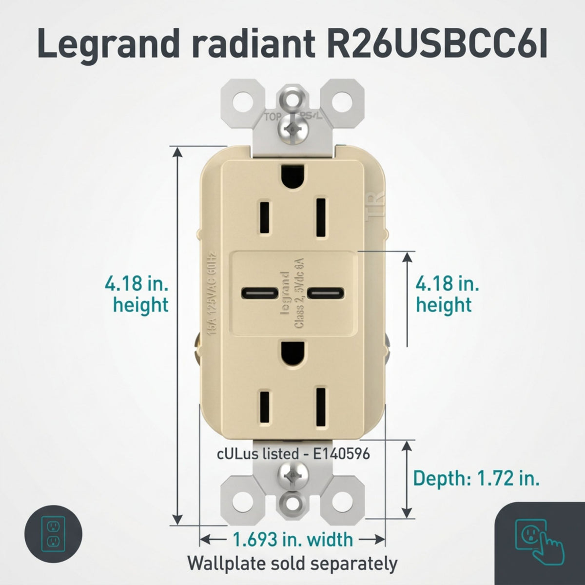Legrand R26USBCC6I radiant 15A Tamper-Resistant USB Type-C Duplex Receptacle, Ivory