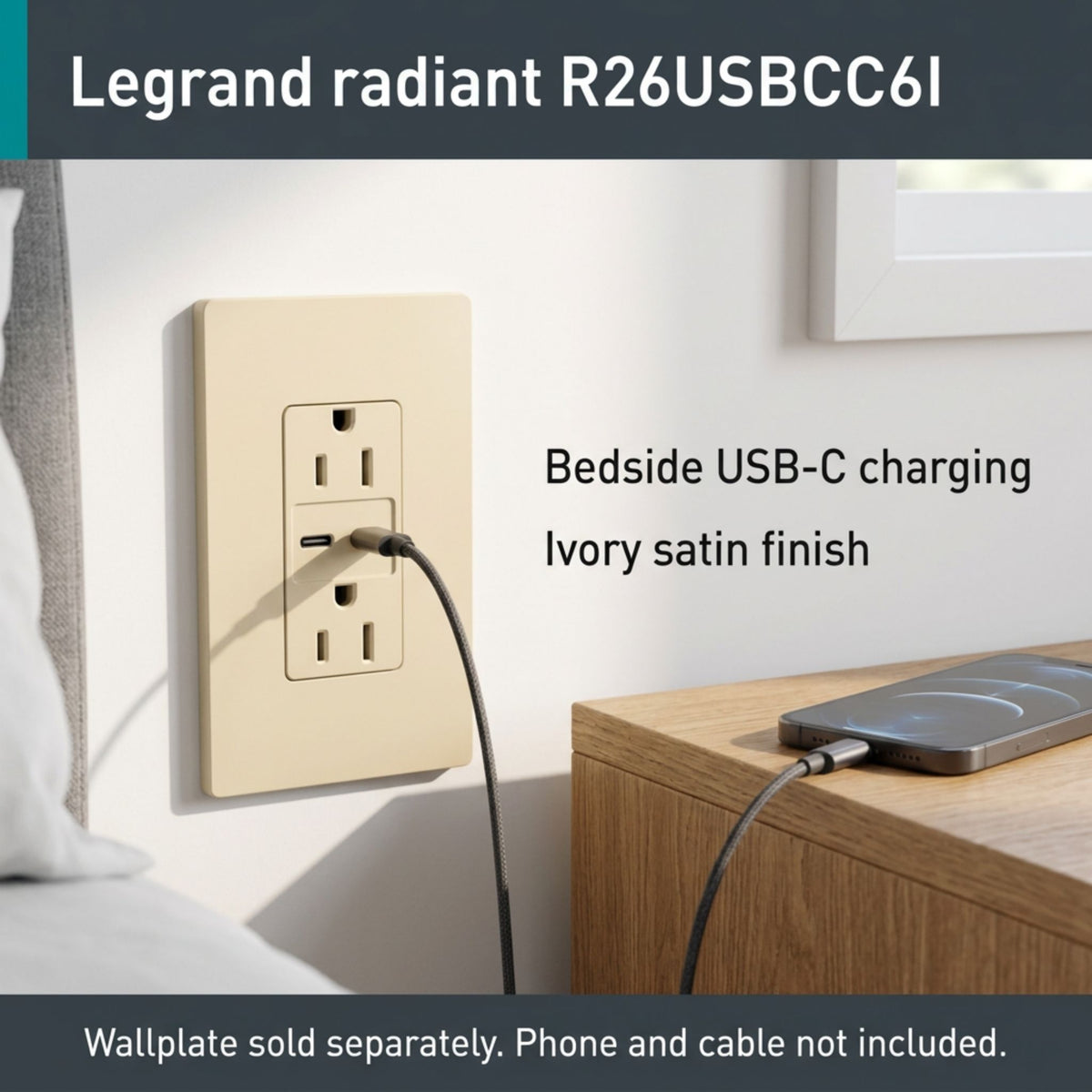 Legrand R26USBCC6I radiant 15A Tamper-Resistant USB Type-C Duplex Receptacle, Ivory