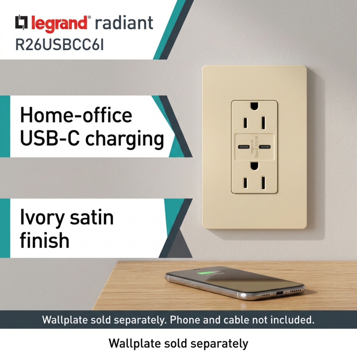 Legrand R26USBCC6I radiant 15A Tamper-Resistant USB Type-C Duplex Receptacle, Ivory