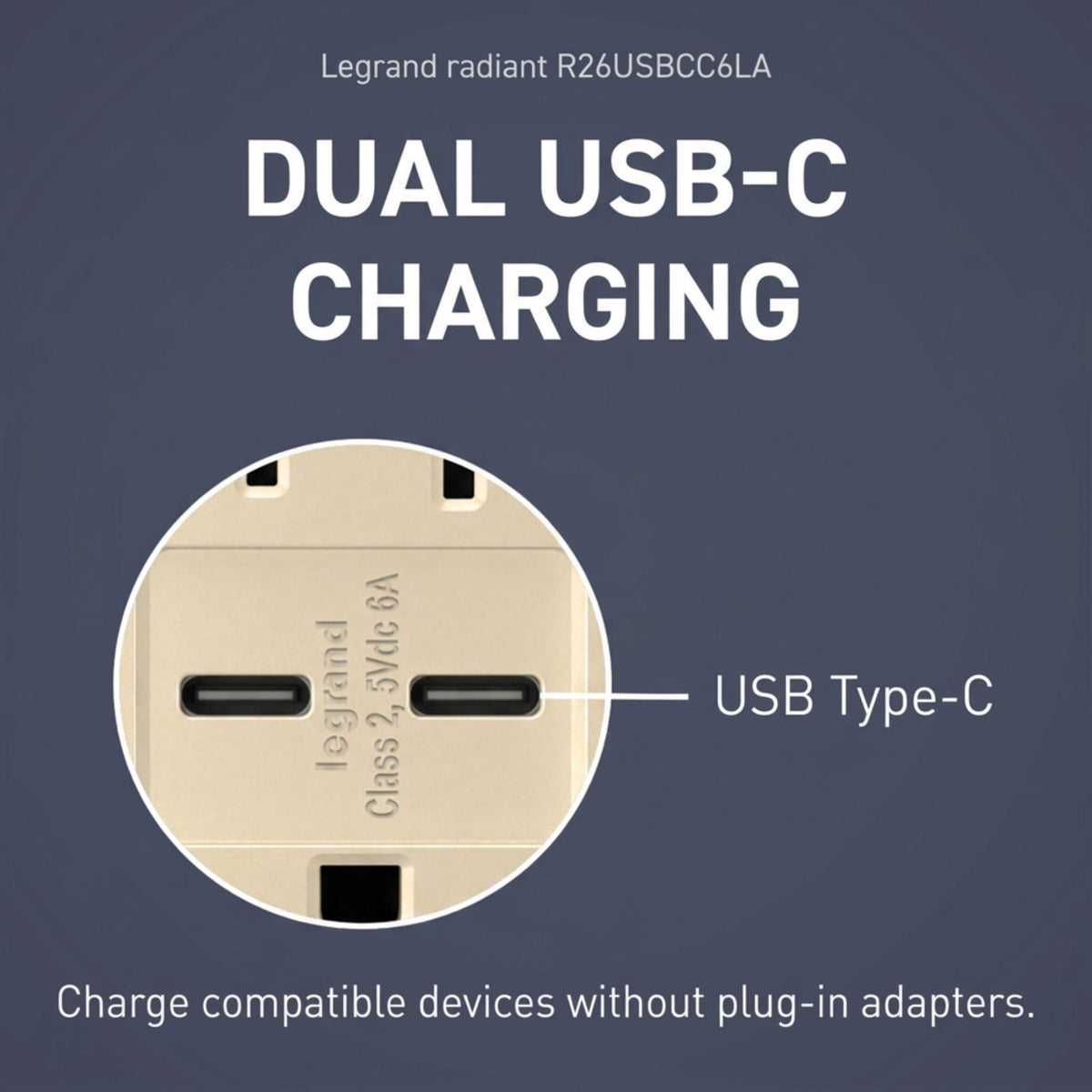 Light almond faceplate close-up showing two USB Type-C ports and four outlet slots