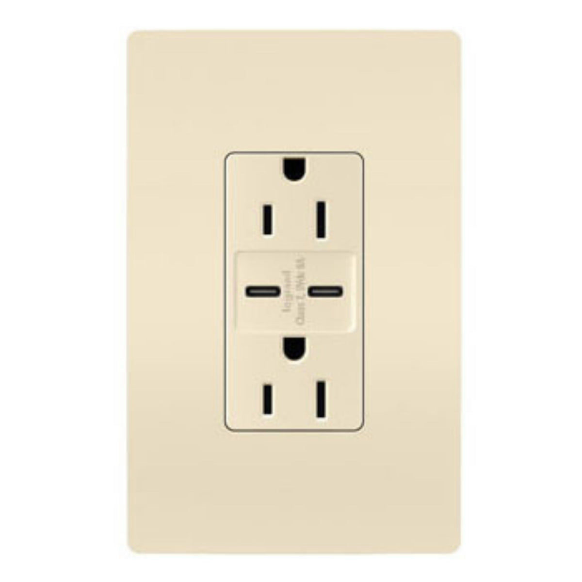 Light almond wall outlet with duplex receptacles and two centered USB-C charging ports