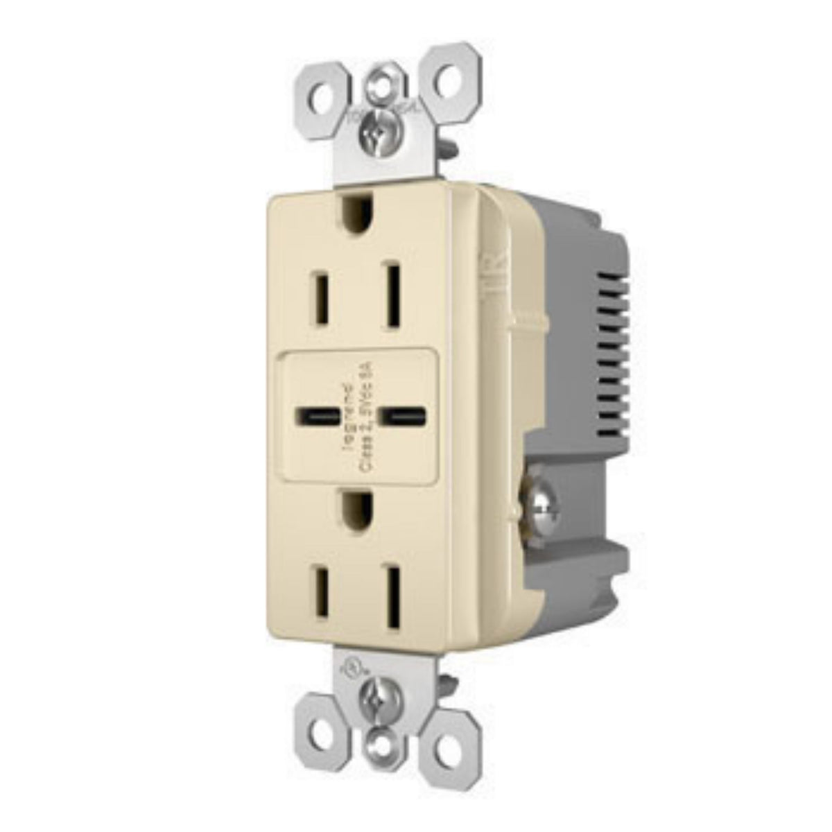 Light almond duplex receptacle with dual USB-C charging ports, shown from the side