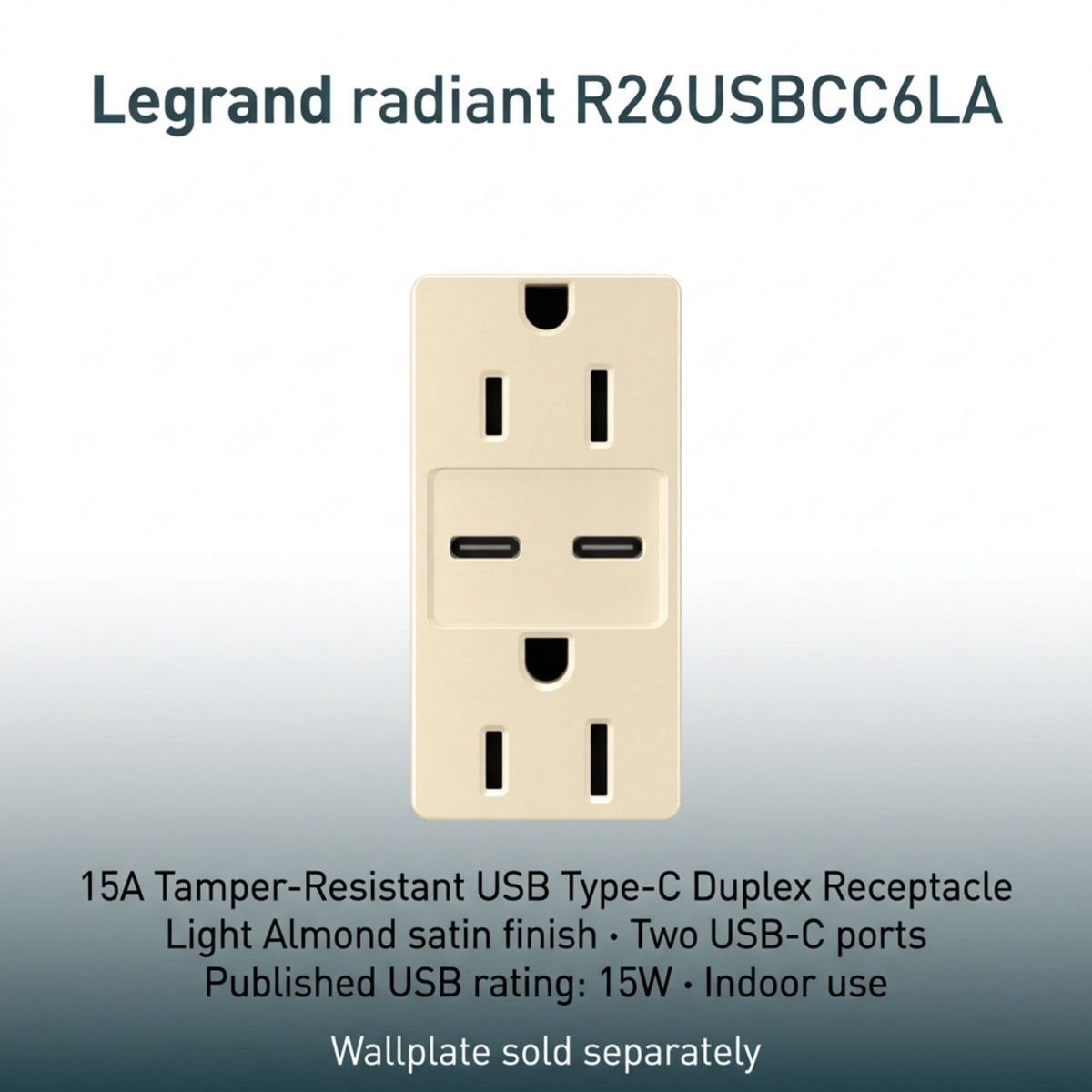 Light almond tamper-resistant duplex receptacle with two USB-C charging ports