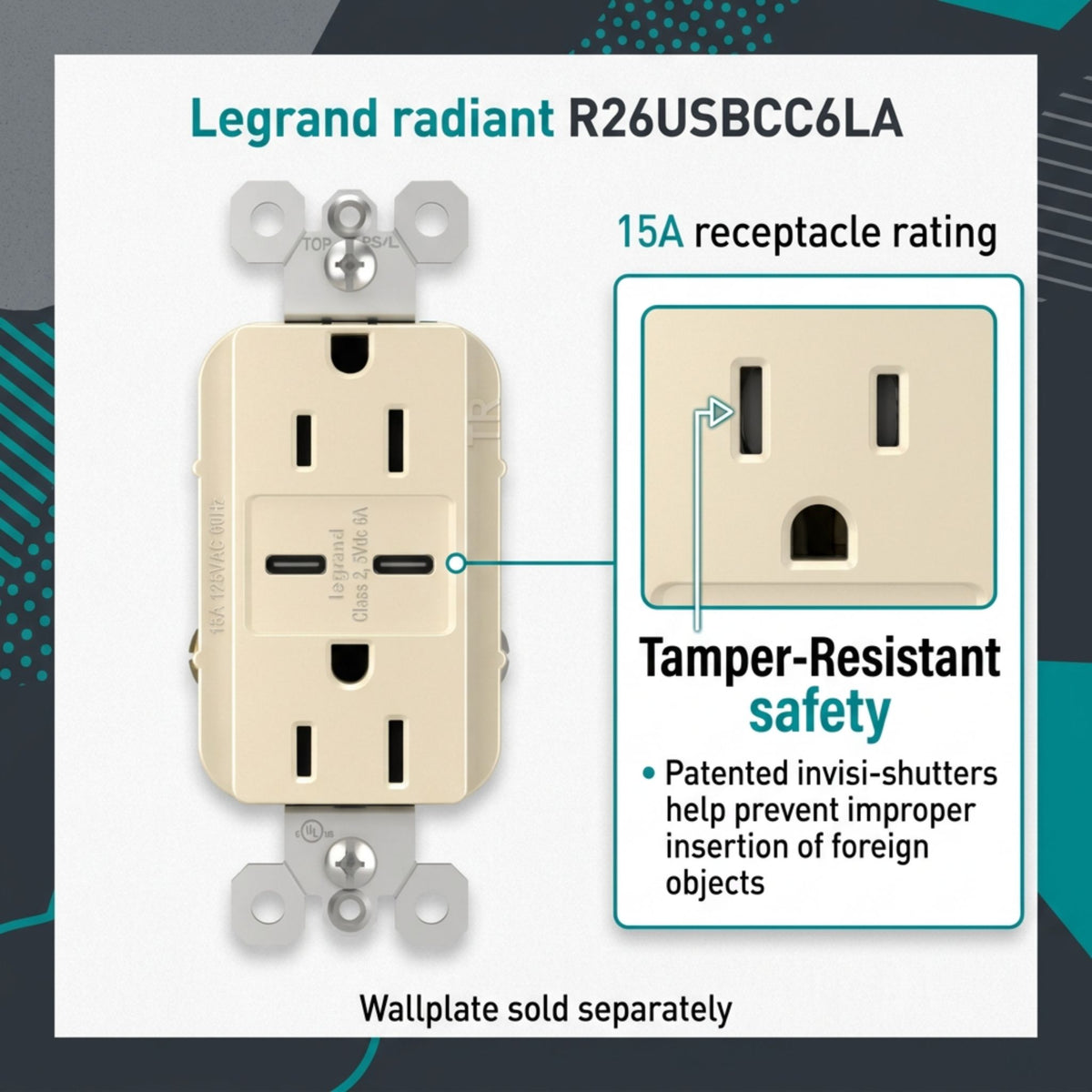 Light almond duplex receptacle with dual USB-C ports featuring tamper-resistant safety shutters