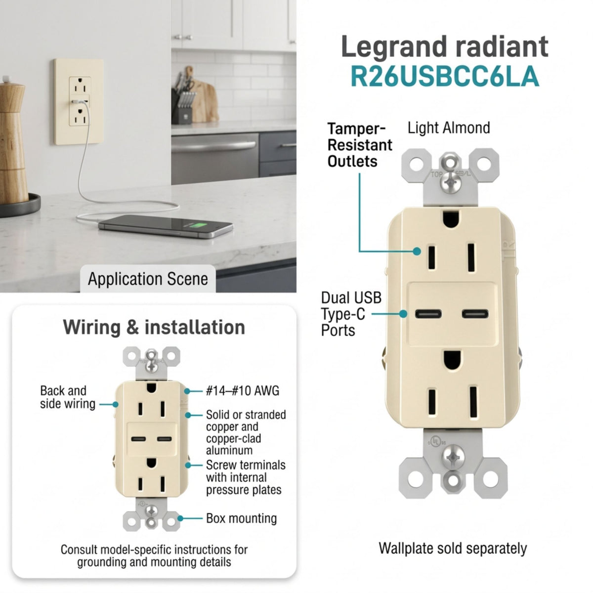 Light almond tamper-resistant outlet with duplex receptacles and dual USB-C charging ports