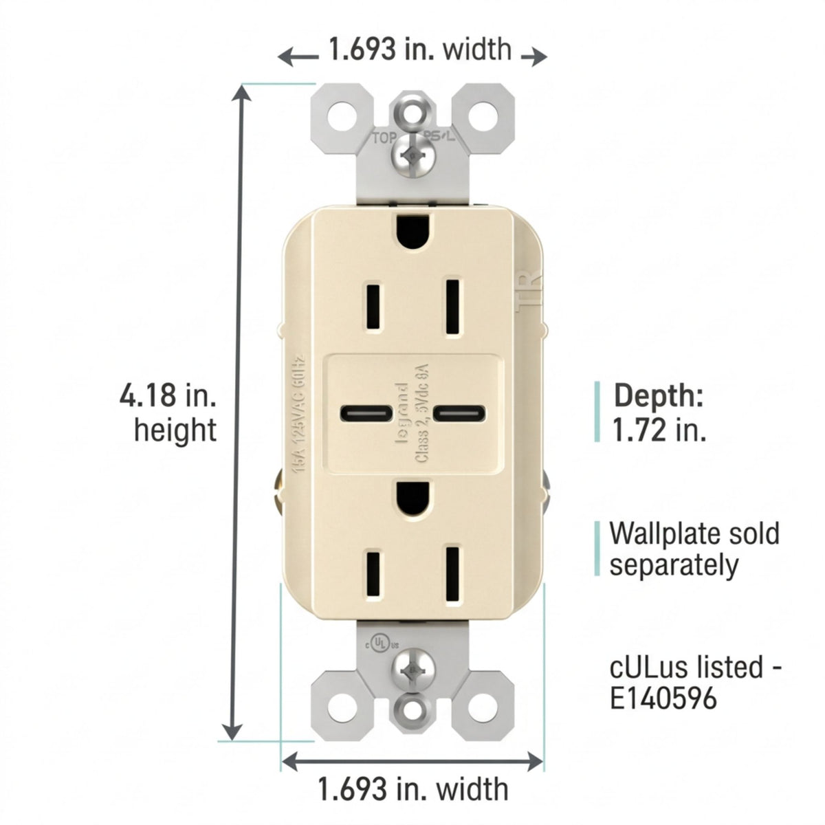 Light almond duplex receptacle with dual USB-C charging ports, with product dimensions