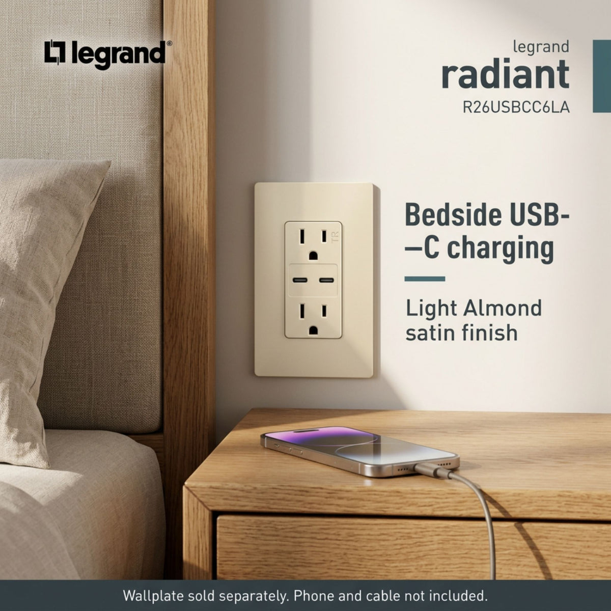 Light almond bedside wall outlet with duplex receptacles and dual USB-C charging ports
