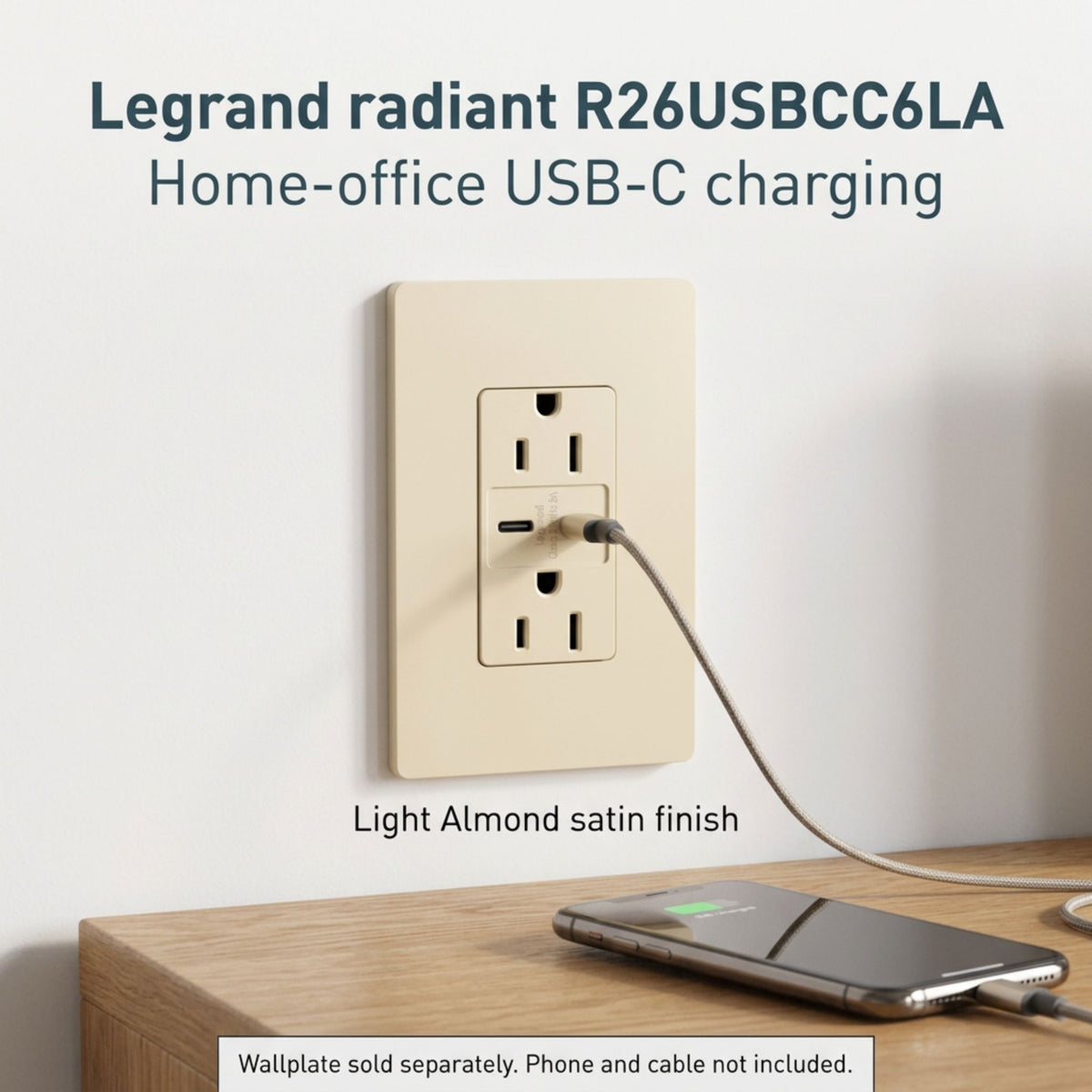 Light almond wall outlet duplex receptacle with USB-C charging ports and cable connection