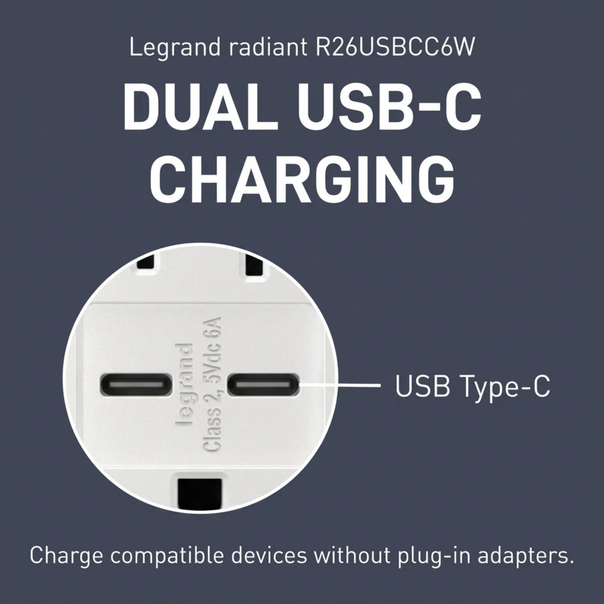 Legrand R26USBCC6W radiant 15A Tamper-Resistant USB Type-C Duplex Receptacle, White