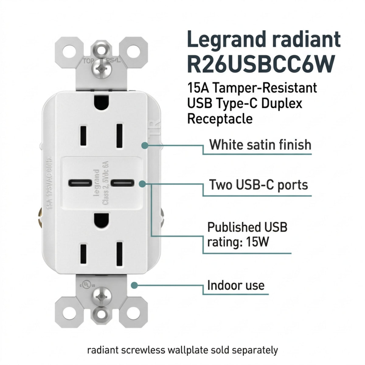 Legrand R26USBCC6W radiant 15A Tamper-Resistant USB Type-C Duplex Receptacle, White