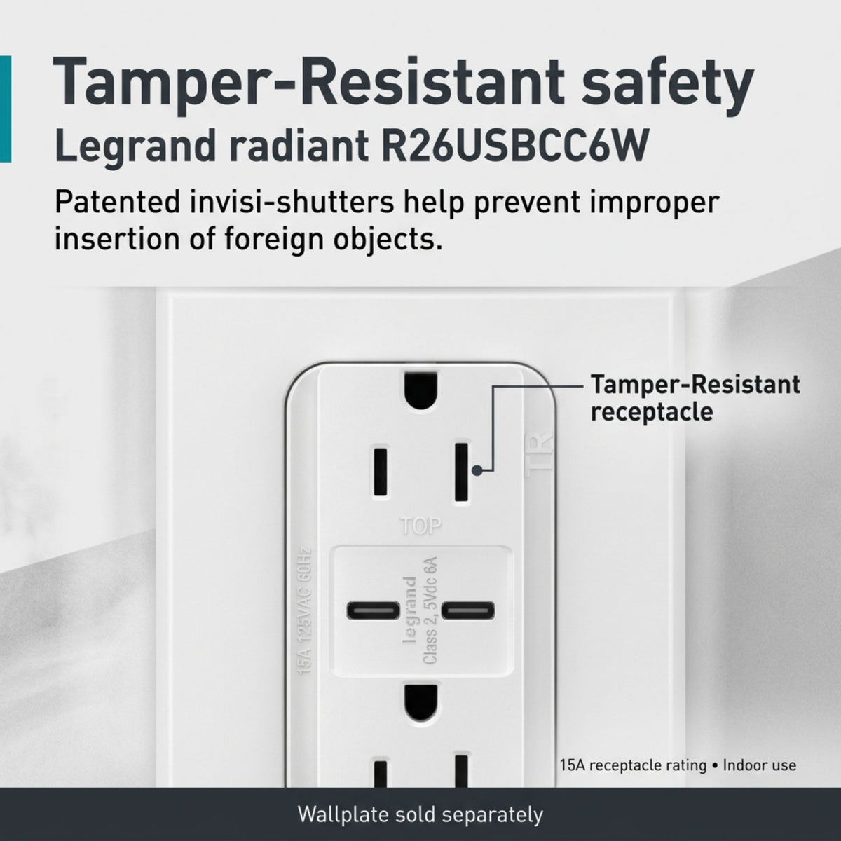 Legrand R26USBCC6W radiant 15A Tamper-Resistant USB Type-C Duplex Receptacle, White