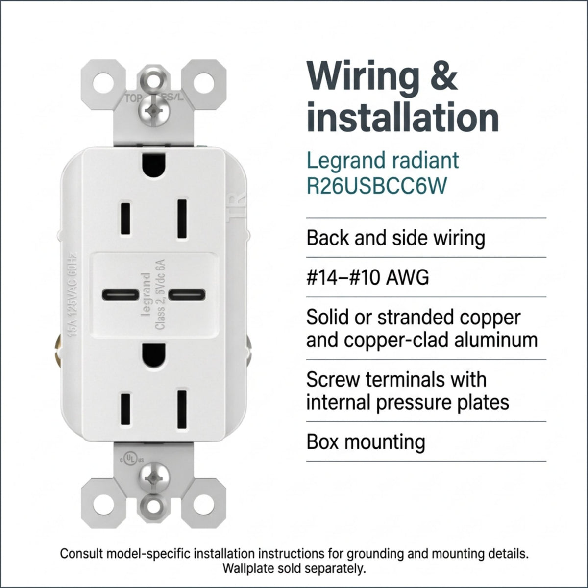 Legrand R26USBCC6W radiant 15A Tamper-Resistant USB Type-C Duplex Receptacle, White