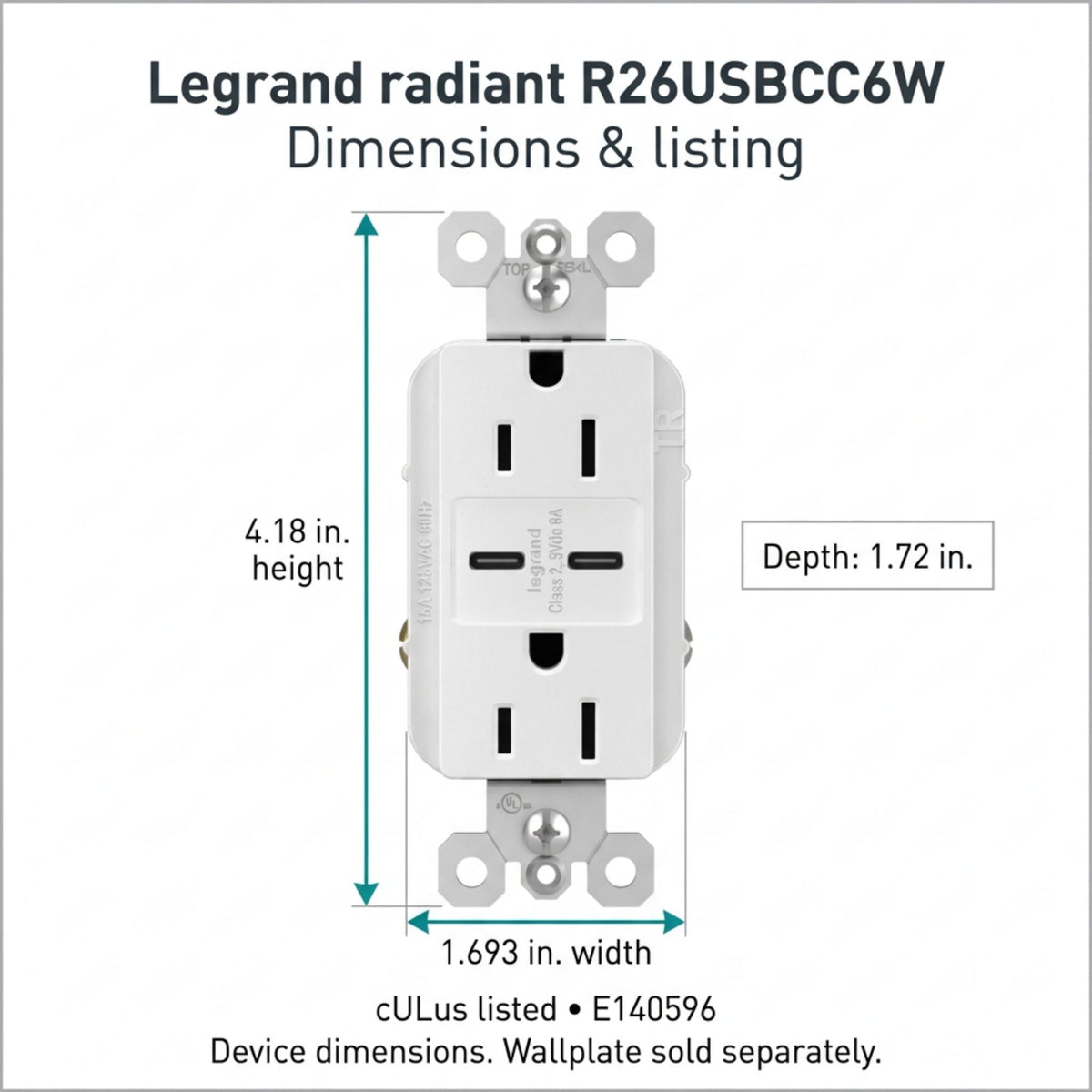 Legrand R26USBCC6W radiant 15A Tamper-Resistant USB Type-C Duplex Receptacle, White