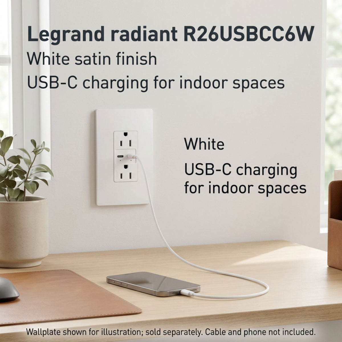 Legrand R26USBCC6W radiant 15A Tamper-Resistant USB Type-C Duplex Receptacle, White