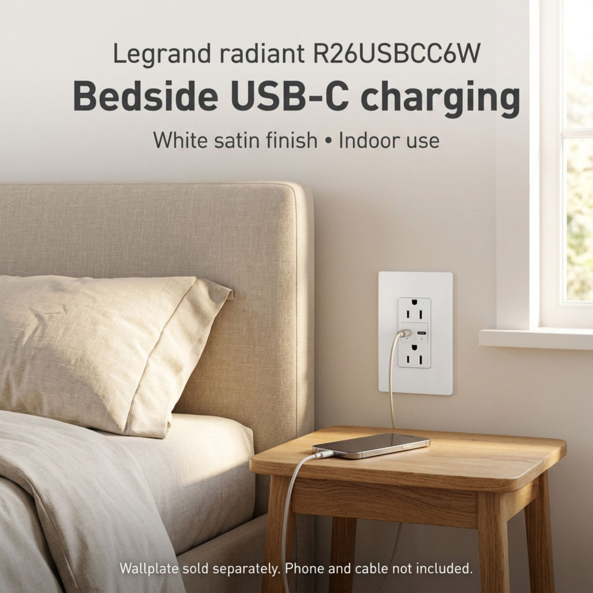 Legrand R26USBCC6W radiant 15A Tamper-Resistant USB Type-C Duplex Receptacle, White