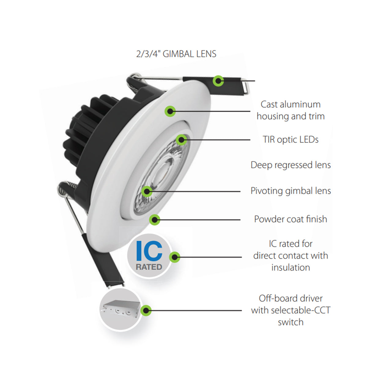 4" Canless Gimbal Downlight, 1050 Lm, 5-CCT, 38° Spot, White Smooth Trim - Bees Lighting