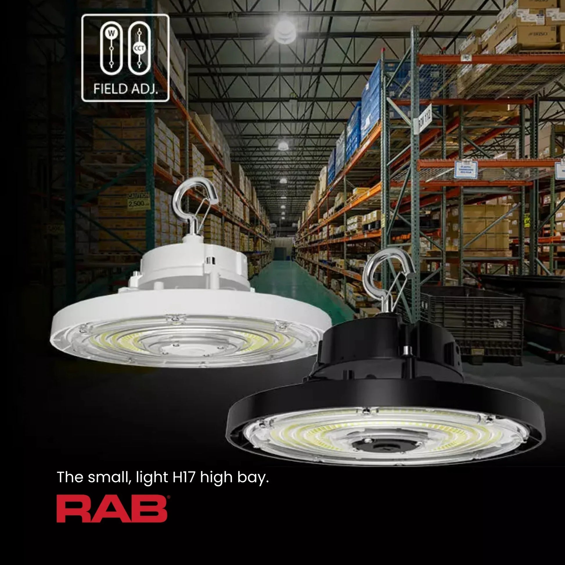 RAB Lighting - High Bay UFO LED Light, 15000 Lumens, 100W, 30K/40K/50K, 120/277V, Black | Bees Lighting