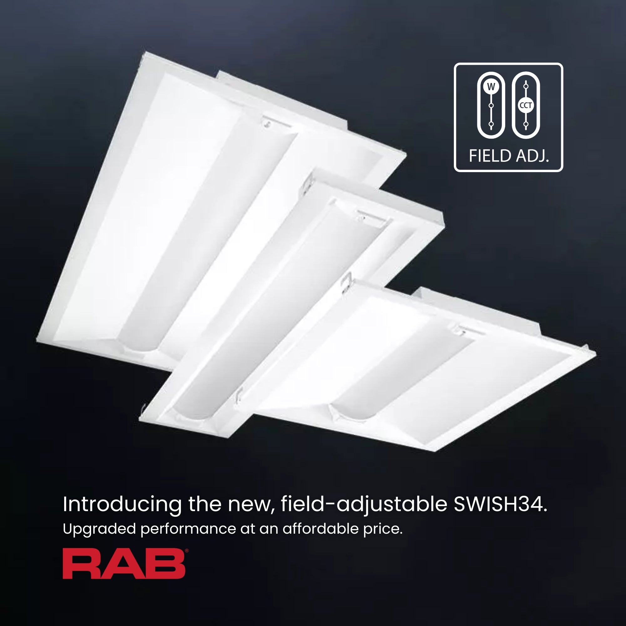 RAB SWISH34 2x4 LED Troffer, 5500 Lumens, Battery Backup, Selectable CCT