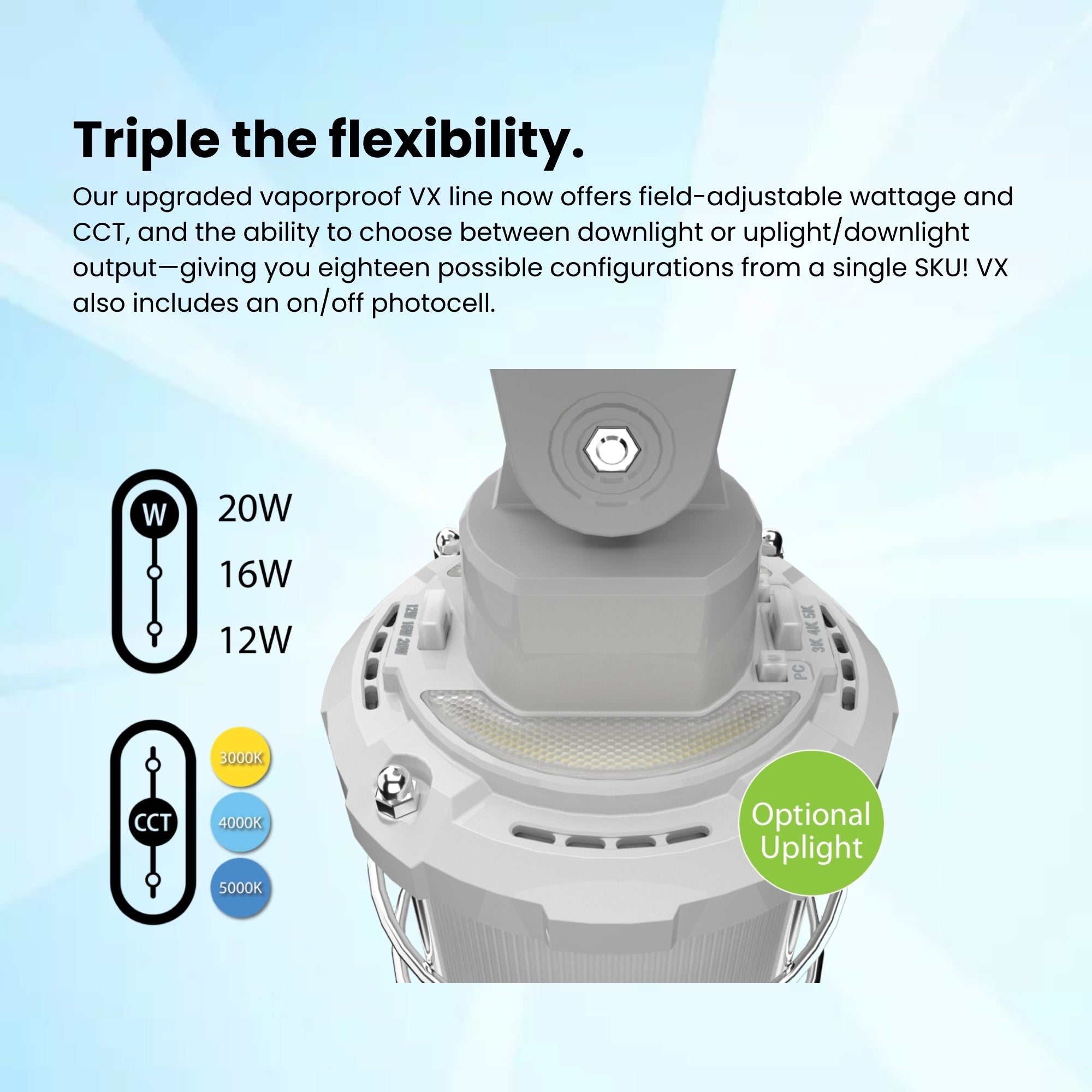 RAB VX20 LED Vaporproof Fixture 2,421 Lumens 20W Selectable 3000K/4000K/5000K 120–277V Gray
