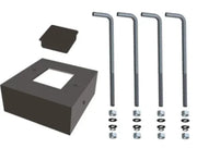 Square anchor bolt kit with four metal bolts and dark square base plate