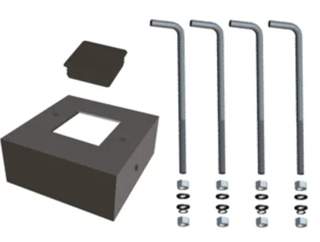 Square anchor bolt kit with four metal bolts and dark square base plate