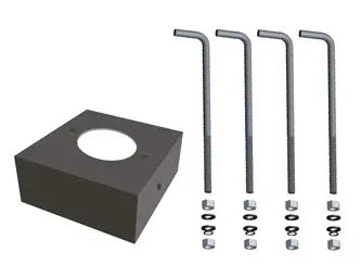 Round anchor bolt kit with black base plate and four bolts, nuts, and washers