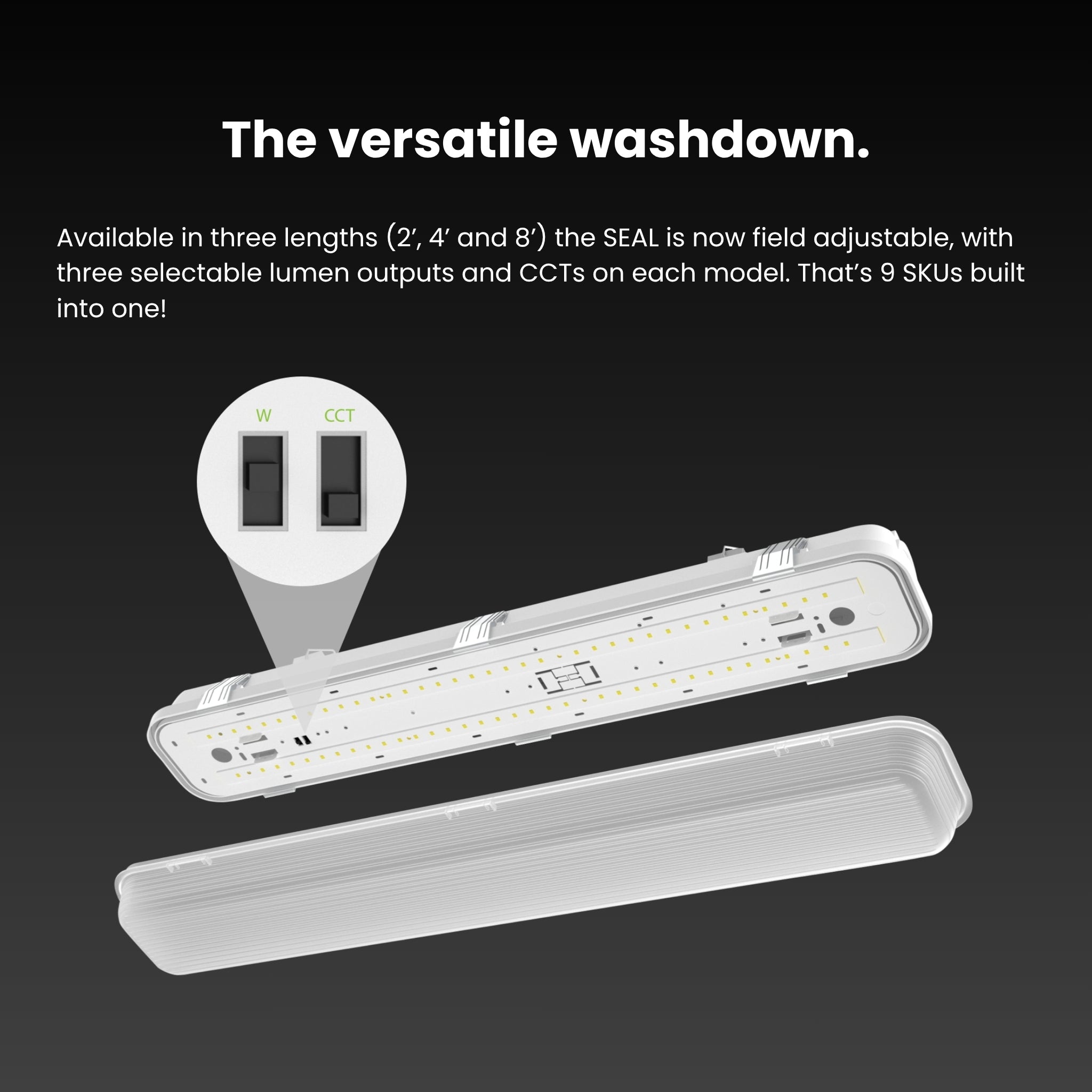 RAB SEAL2/E 2ft Washdown Fixture 3400lm 15/20/25W Selectable 35K/40K/50K 120-277V Battery Backup