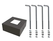 Square anchor bolt kit with four anchor bolts, washers, and nuts in metal