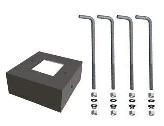 Square anchor bolt kit with four anchor bolts, washers, and nuts in metal