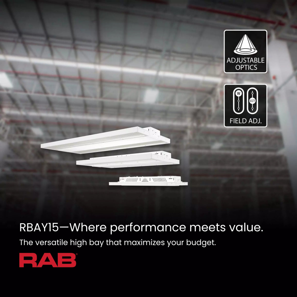 RAB RBAY15L Field-Adjustable Linear High Bay — 400/320/260W Selectable — 3500K/4000K/5000K — White