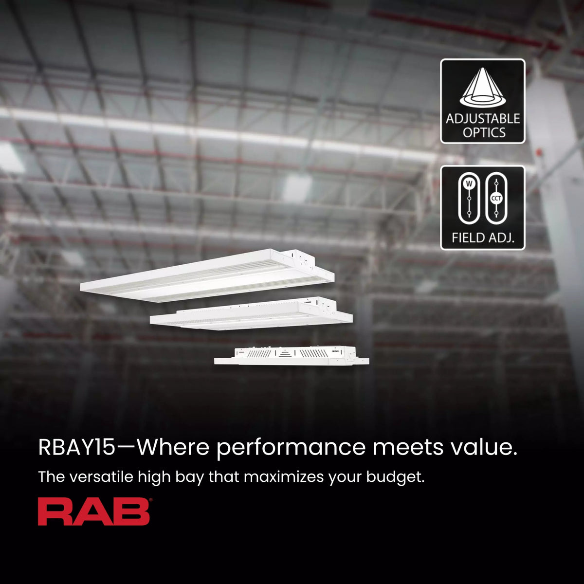 RAB RBAY15S Field-Adjustable Linear High Bay — 130/100/80W Selectable — 3500K/4000K/5000K — White