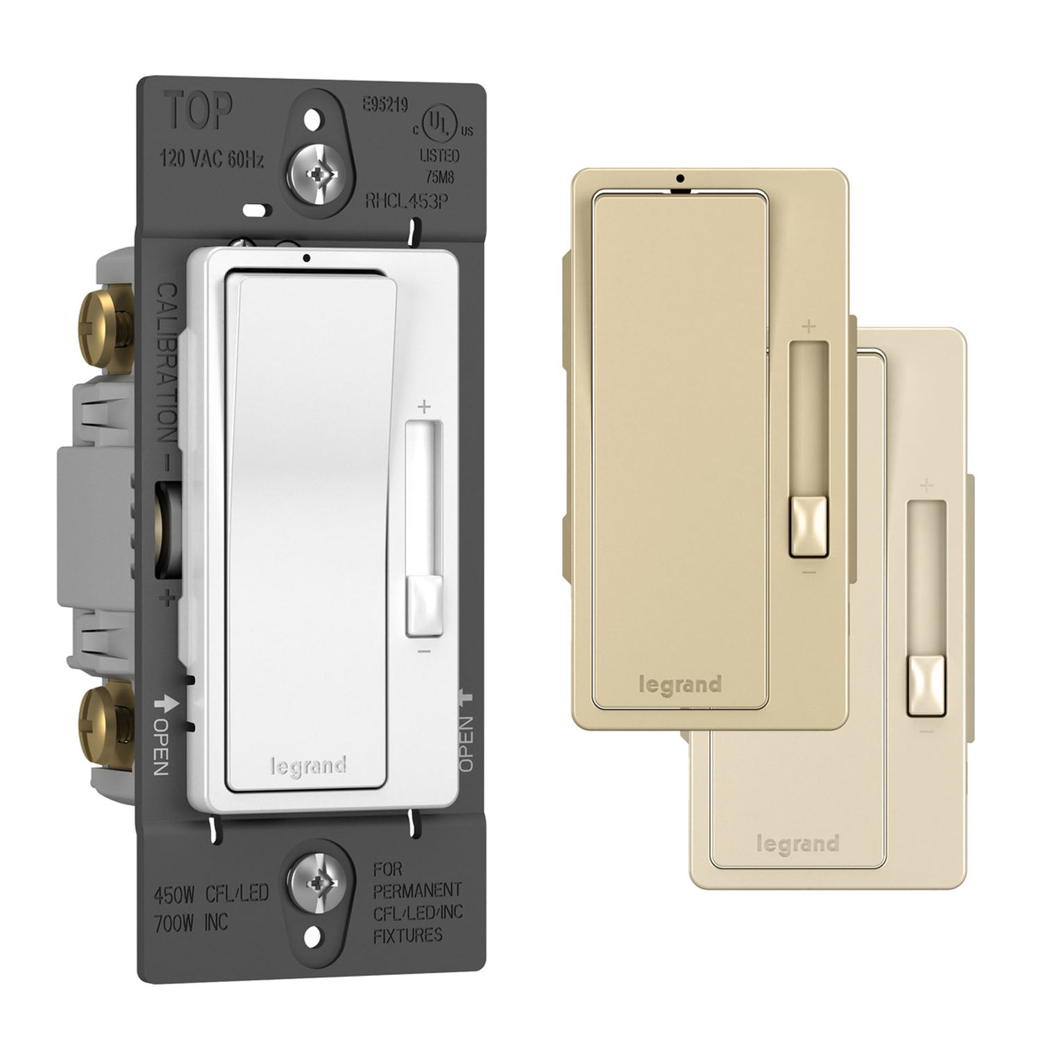 radiant Decora Slider Dimmer Switch, 450-Watt LED, Single Pole or 3-Way, Ivory, Light Almond, White