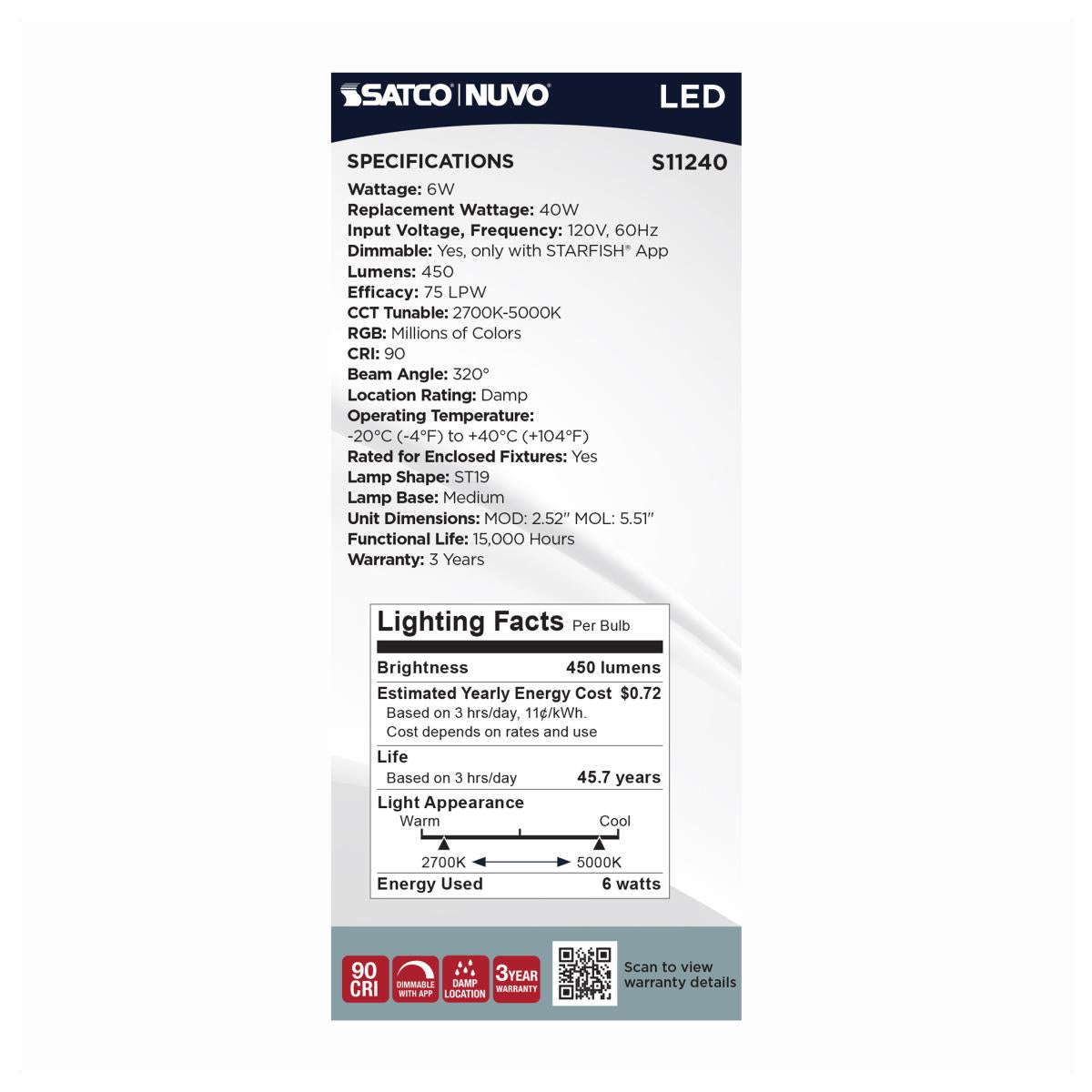 Starfish ST19 Wi-Fi Smart LED Bulb, 6W, 450lm, RGB & Tunable White - Bees Lighting