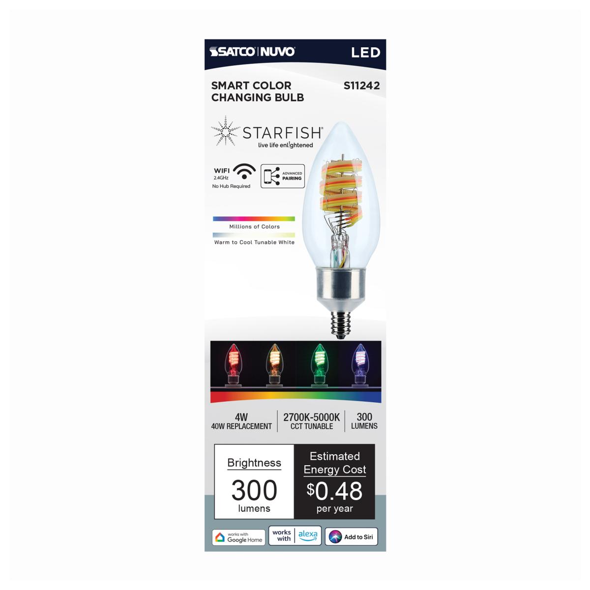 Starfish B11 WiFi Smart LED Bulb, 4W. 300Lm, RGB & Tunable White, Candelabra Base - Bees Lighting