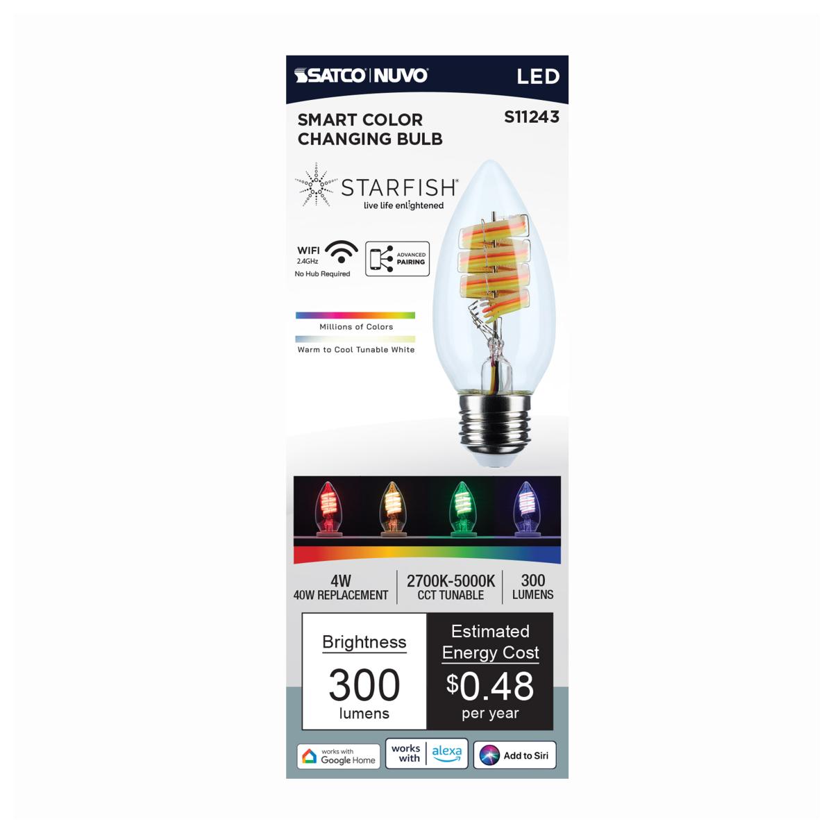 Starfish B11 WiFi Smart LED Bulb, 4W, 300Lm, RGB & Tunable White, Medium Base - Bees Lighting