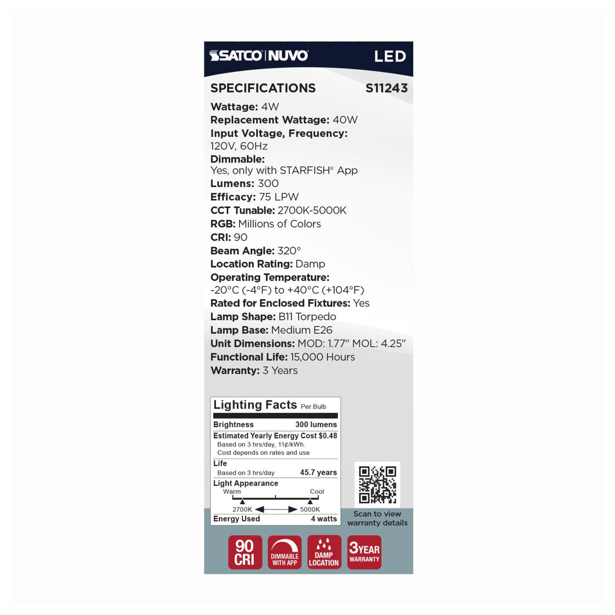 Starfish B11 WiFi Smart LED Bulb, 4W, 300Lm, RGB & Tunable White, Medium Base - Bees Lighting