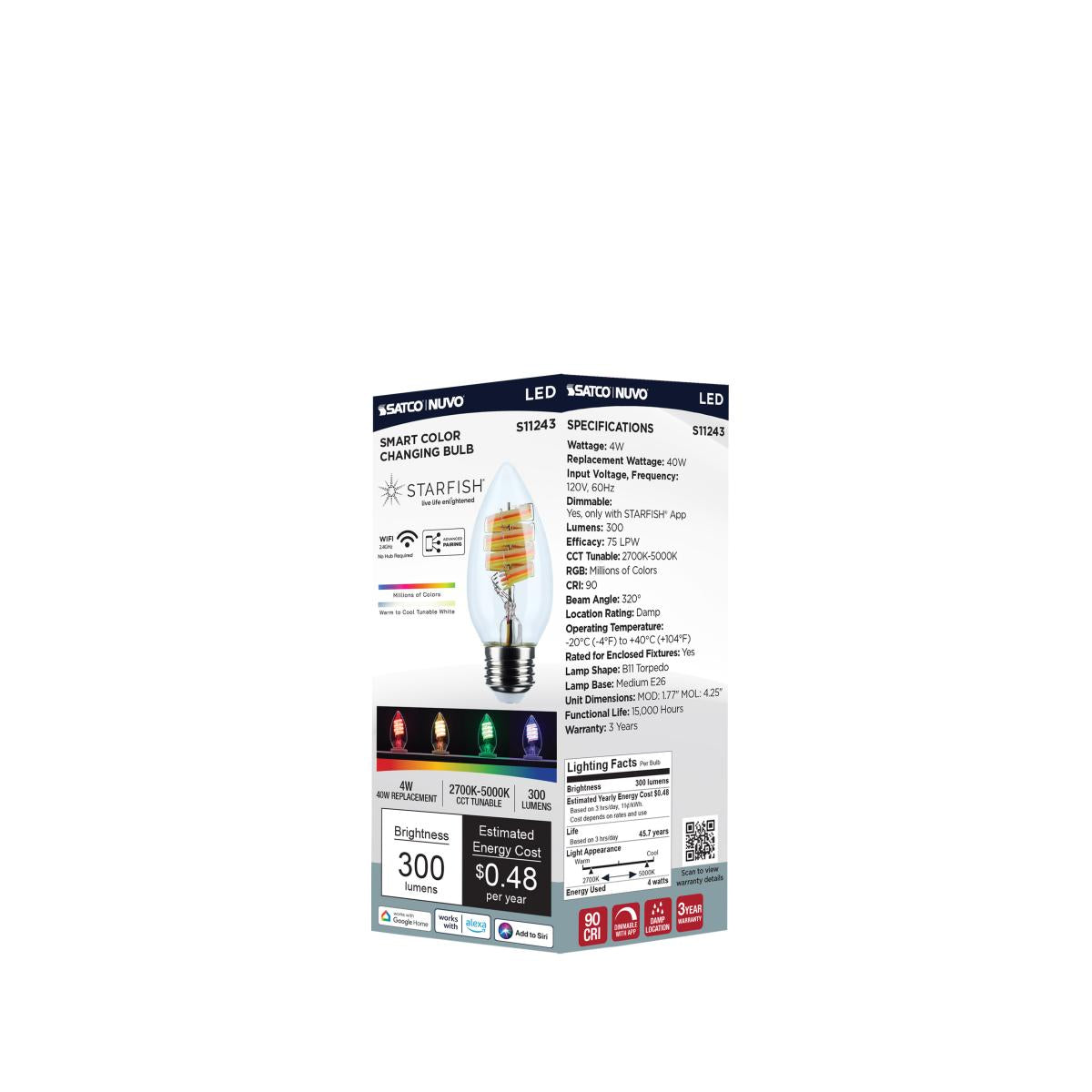 Starfish B11 WiFi Smart LED Bulb, 4W, 300Lm, RGB & Tunable White, Medium Base - Bees Lighting