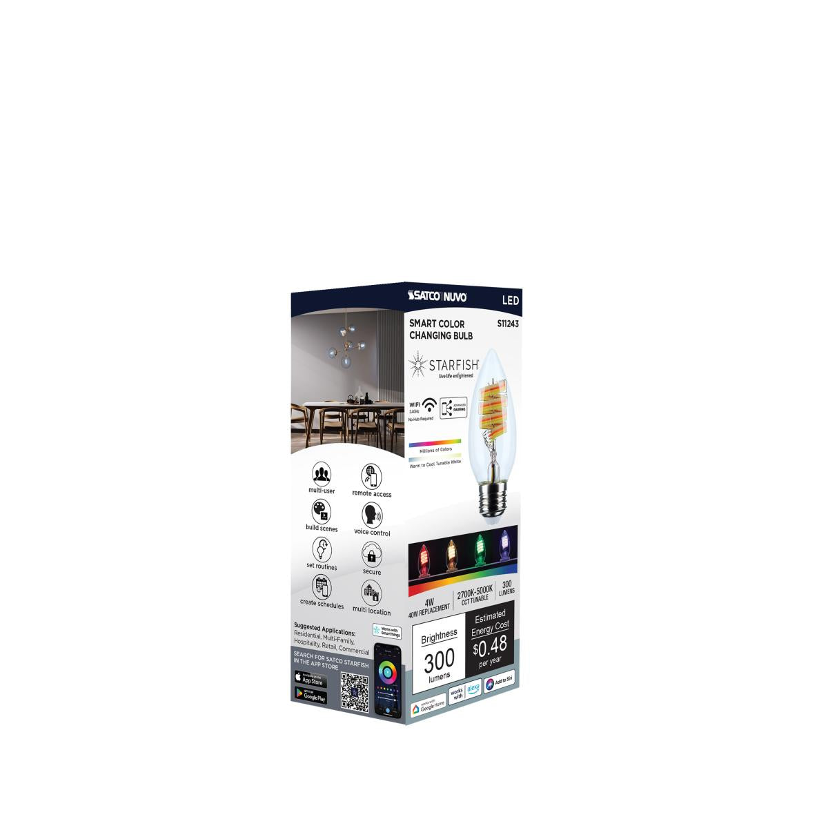 Starfish B11 WiFi Smart LED Bulb, 4W, 300Lm, RGB & Tunable White, Medium Base - Bees Lighting